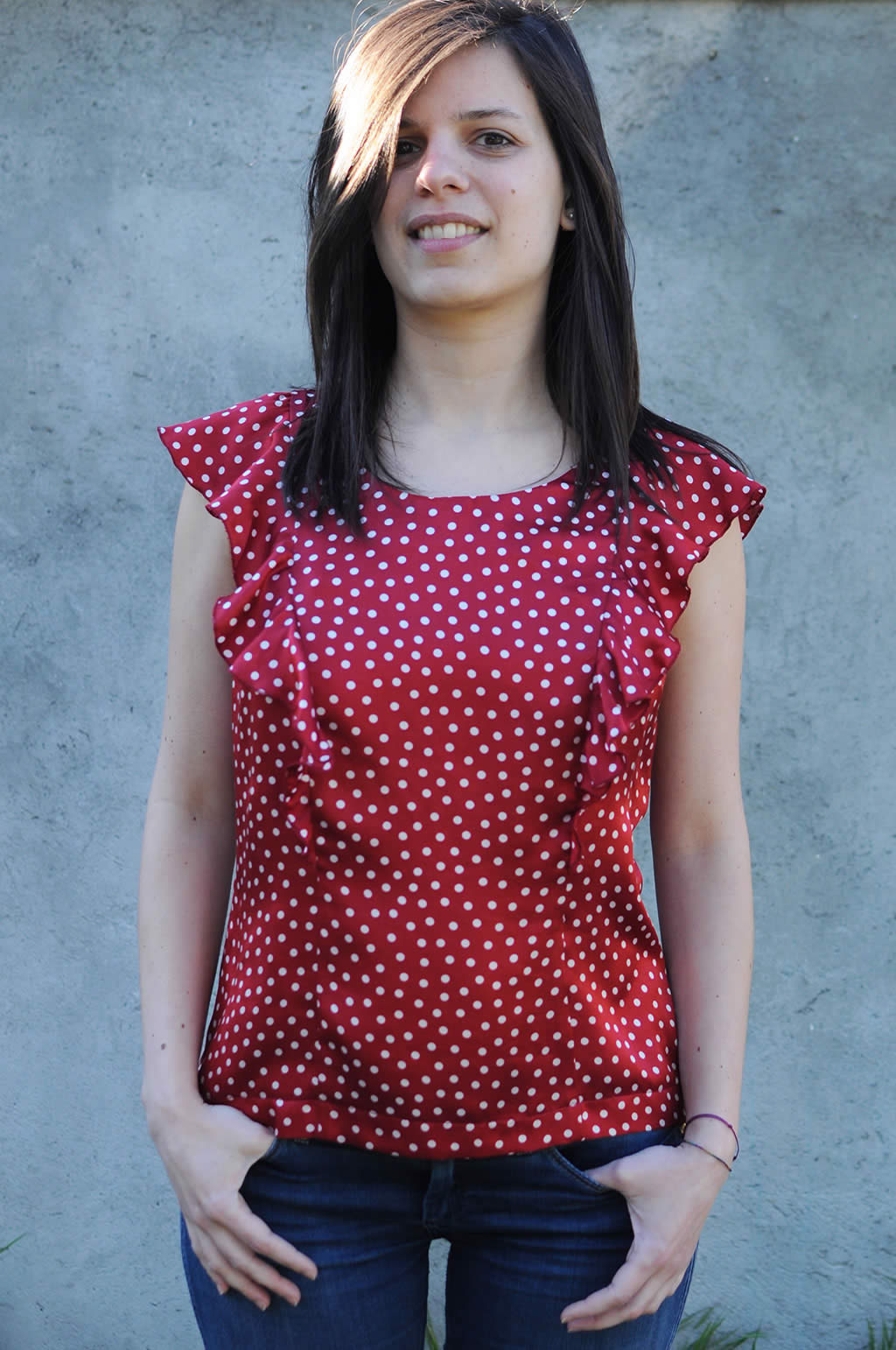 red polka dot blouse