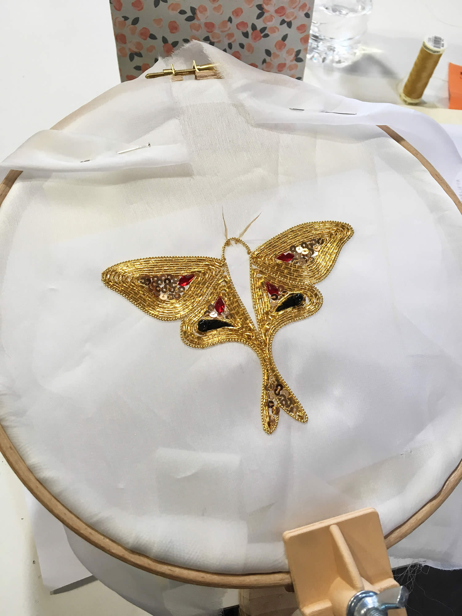 Hand-embroidered moth brooch - Goldwork Couture Embroidery - work in progress - JS Embroideries classes