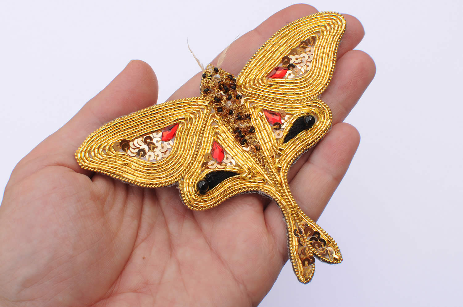 Hand-embroidered moth brooch - Goldwork Couture Embroidery - front details